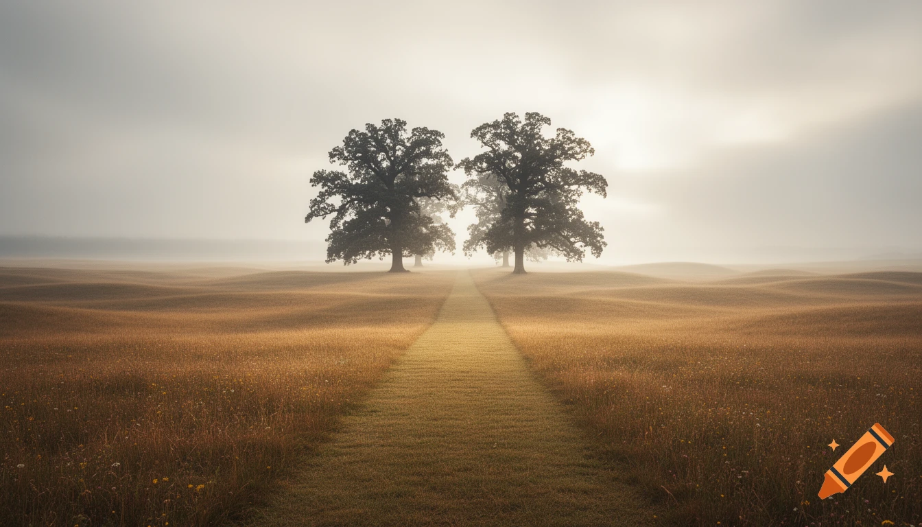 A misty landscape with a grassy path leading towards two large trees in a golden field.