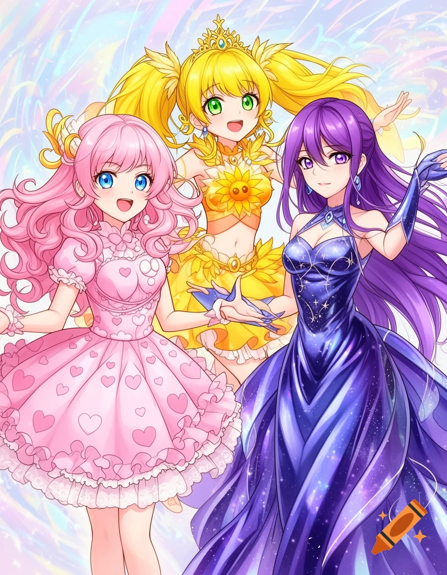 Three anime girls: one with pink hair in a pink dress, one with yellow hair in a yellow sunflower outfit, and one with purple hair in a blue starry gown.