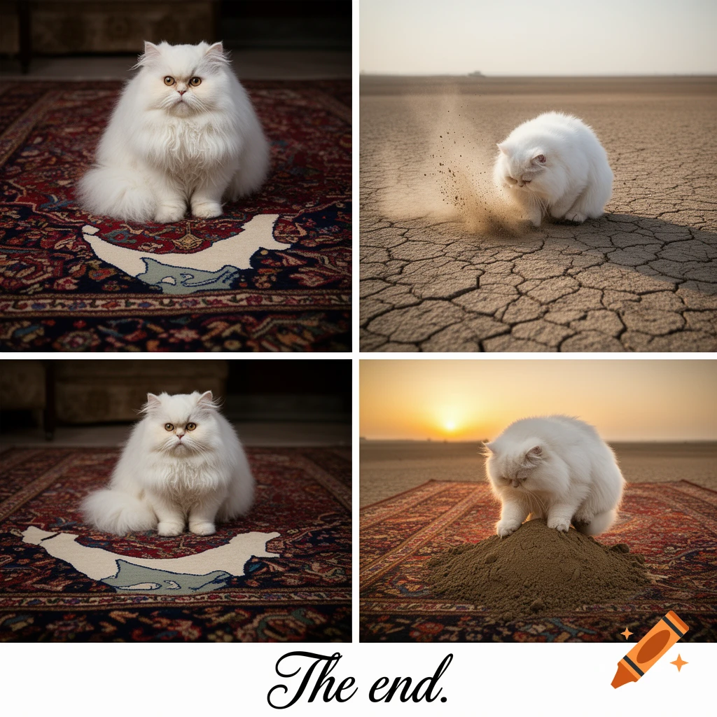 A four-panel story with a white Persian cat: sitting on a rug shaped like Iran, digging in a desert, covering a dirt mound in the desert, and back on the rug. Text reads "The end."