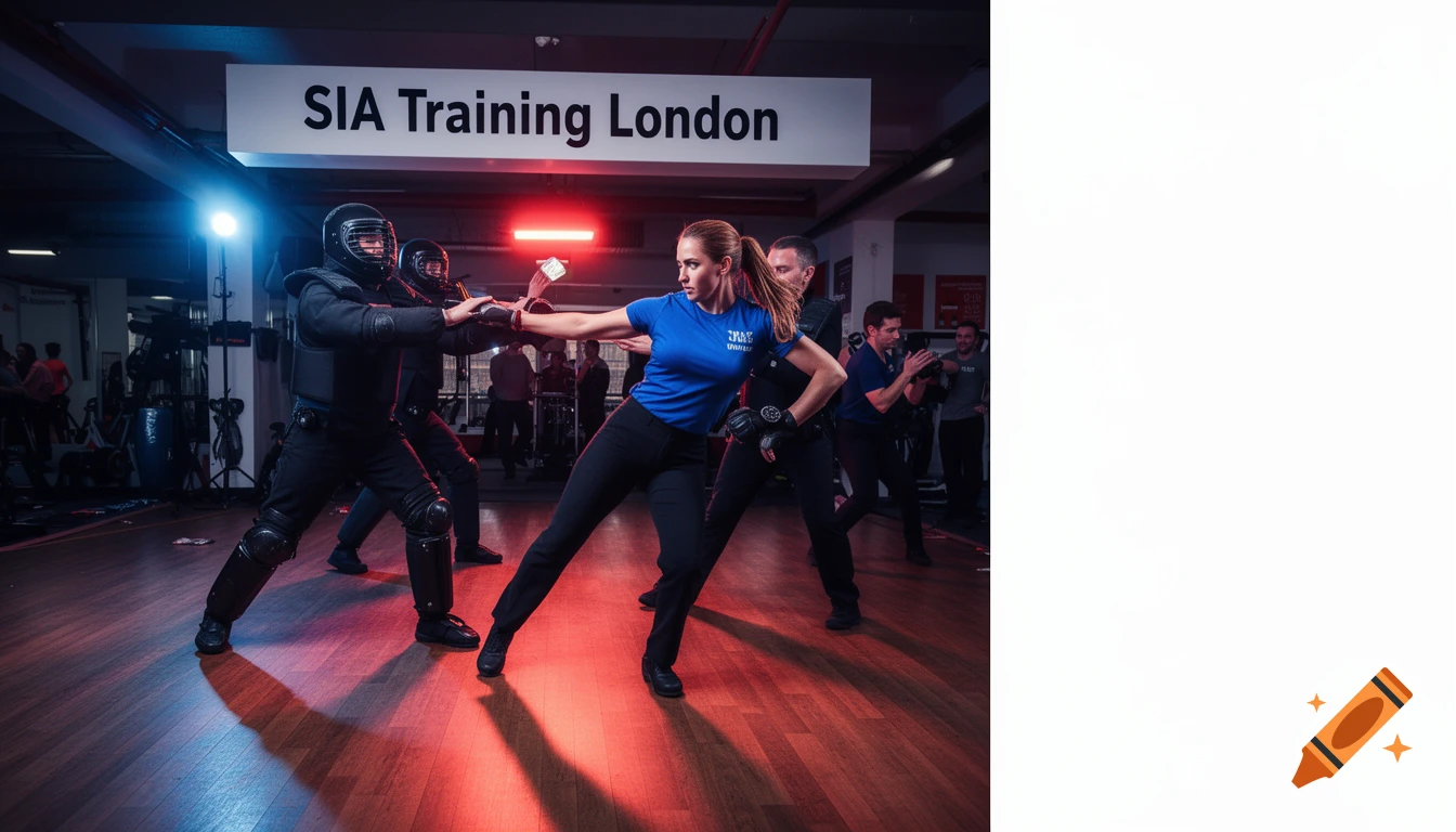 Photorealistic image of male and female trainees practicing a breakaway technique in a dynamic London security training gym.