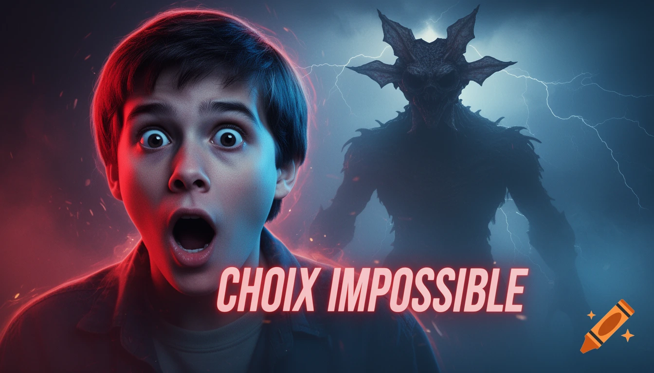 A shocked boy with wide eyes and open mouth in the foreground, with a shadowy, demonic monster behind him, bathed in red and blue light with lightning. Text 'CHOIX IMPOSSIBLE' glows in the center.