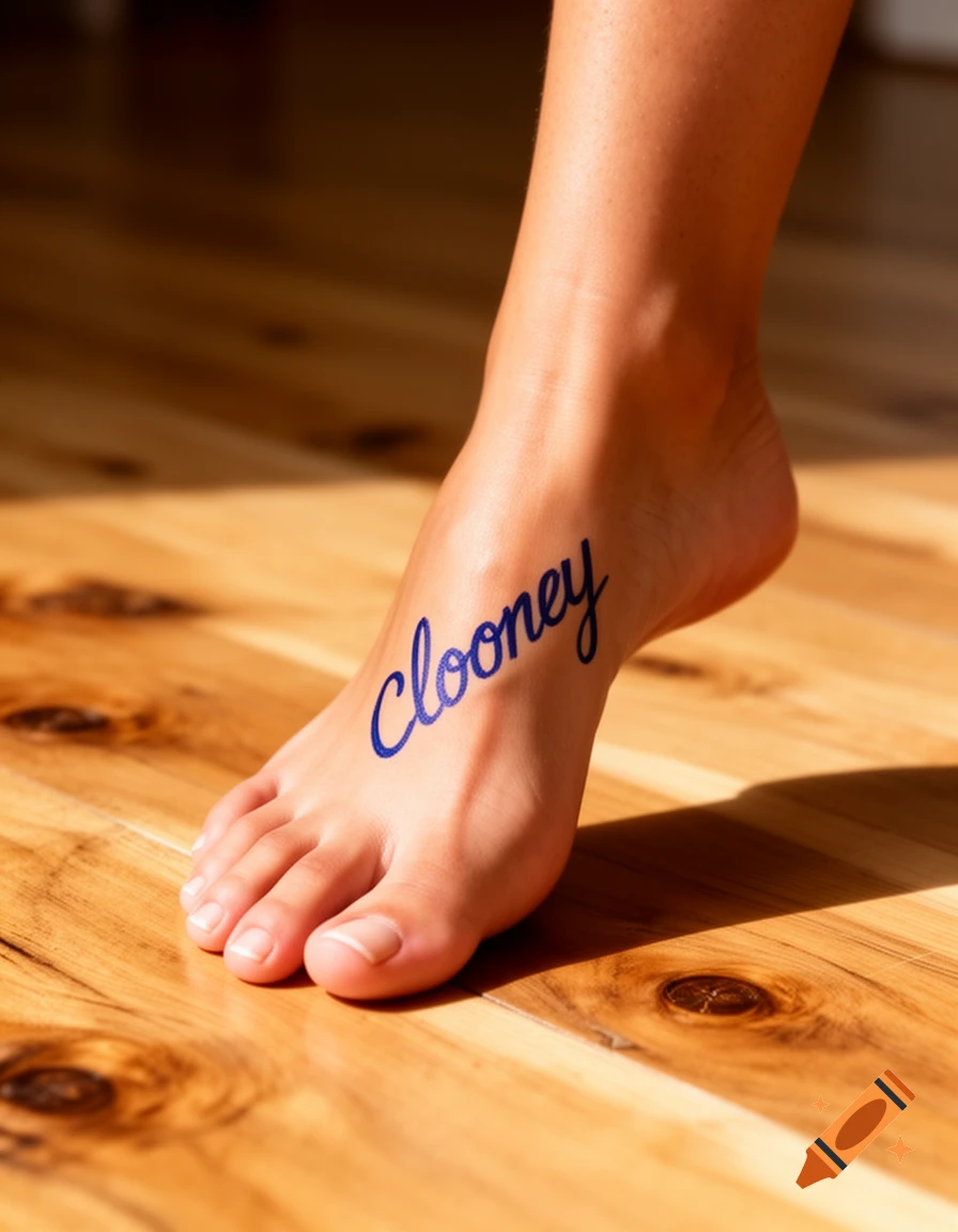 A close-up, high-angle shot of a bare foot with 'Clooney' written on the arch in blue ink, on a wooden floor.