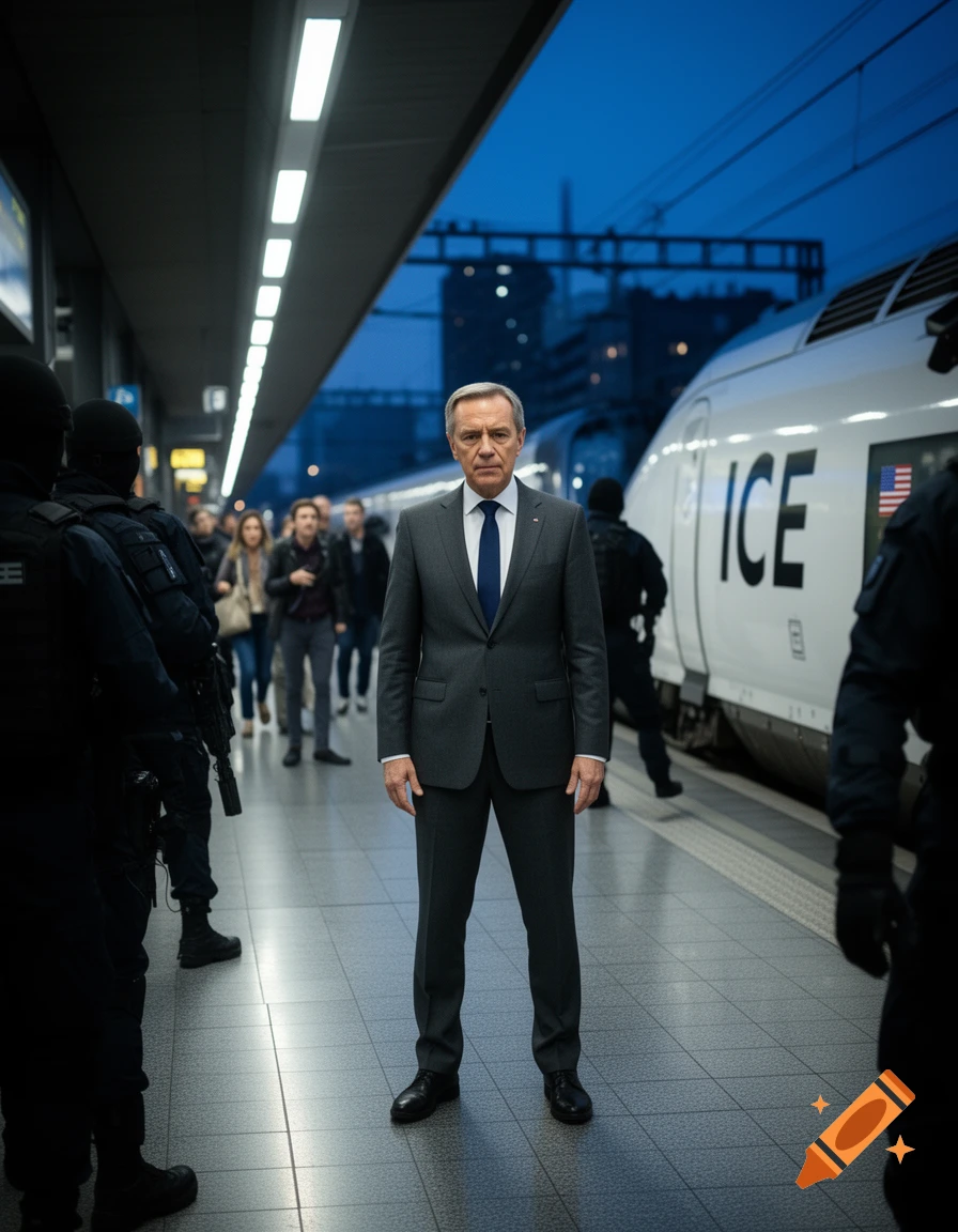 A man in a suit stands on a train platform between uniformed security personnel and a white ICE train at dusk.