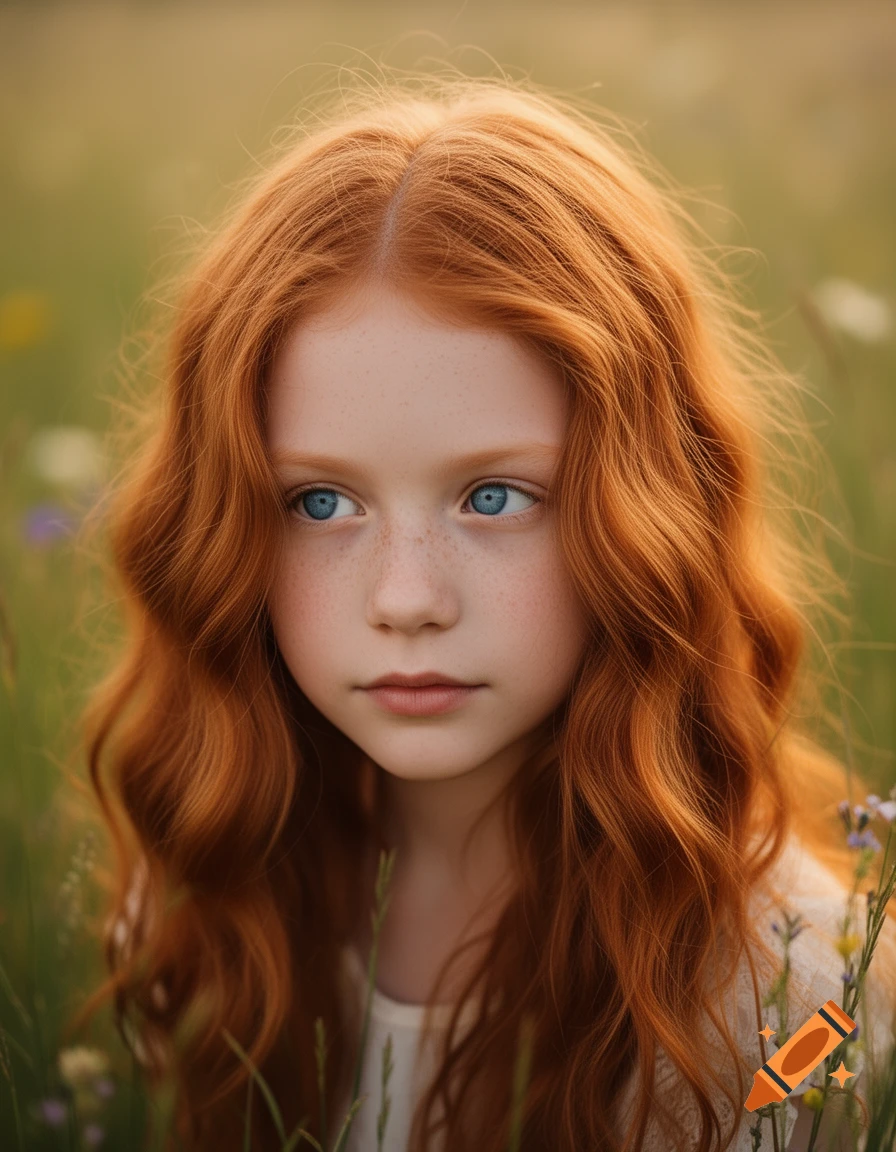 A close-up photorealistic portrait of a young girl with wavy ginger hair, blue eyes, and freckles, in a grassy field.