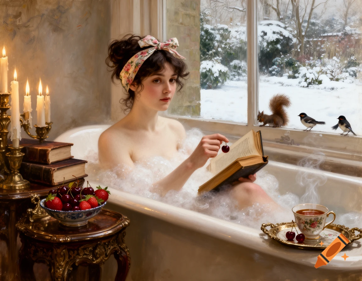 Oil painting of a young woman in a bubble bath, reading a book by a window overlooking a snowy garden with a squirrel and birds.