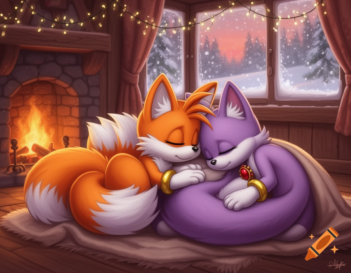 Tails Prower and Blaze the Cat snuggling on a cozy rug by a fireplace, snow falling outside a large window.
