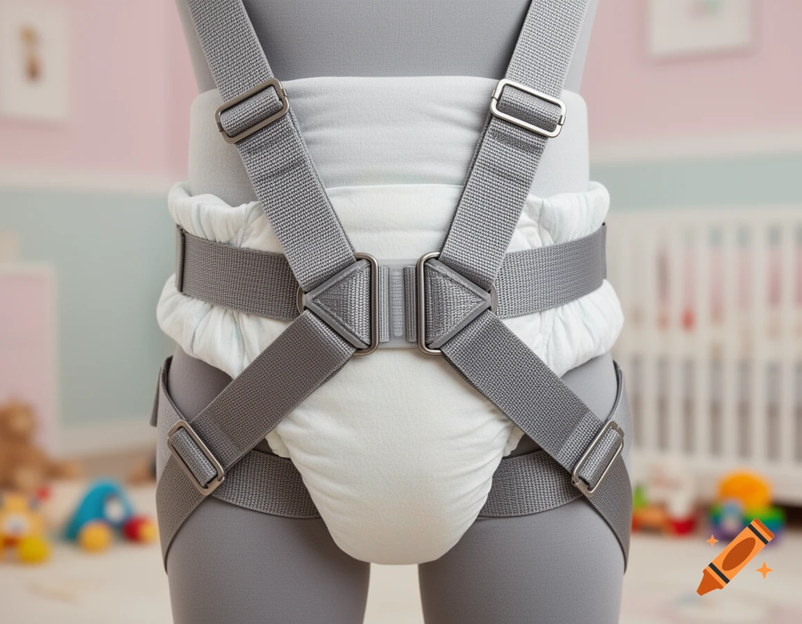 A gray baby harness with a white diaper-like insert on a mannequin, against a blurred nursery background.