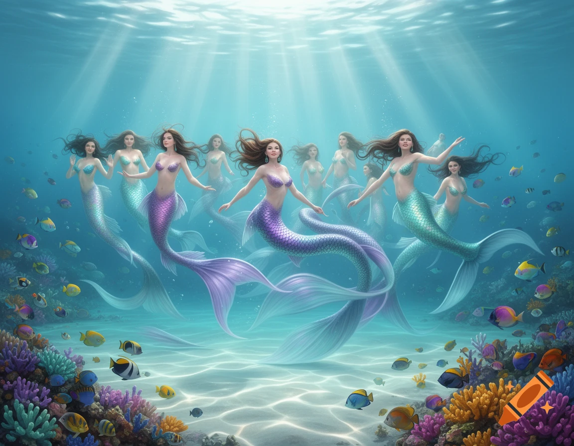 Graceful mermaids swim among colorful coral reefs and tropical fish in a sun-drenched underwater scene, digital art.