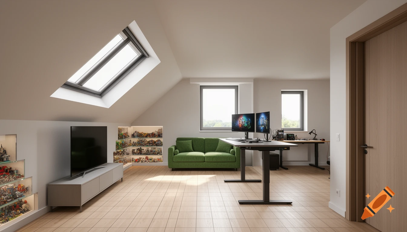 A modern attic room with a green sofa, dual monitor gaming setup, TV, and display cases of Lego models under a skylight.