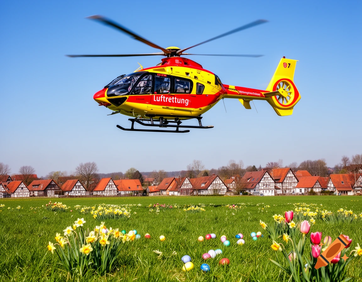A red and yellow rescue helicopter flies over a green field with daffodils, tulips, and colorful Easter eggs, with a village in the background, under a clear blue sky.