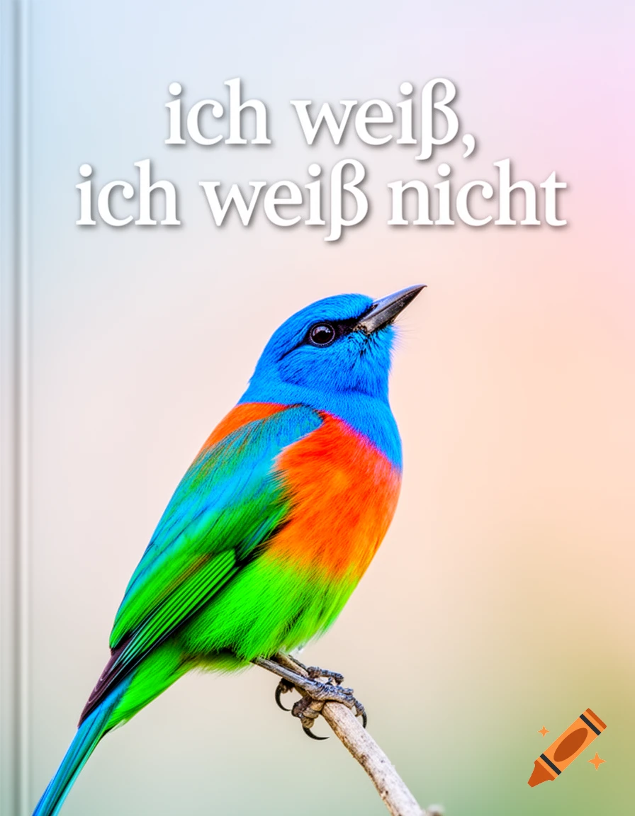 A vibrant blue, orange, and green bird perched on a branch, with the German text 'ich wei", ich wei icht' overhead.
