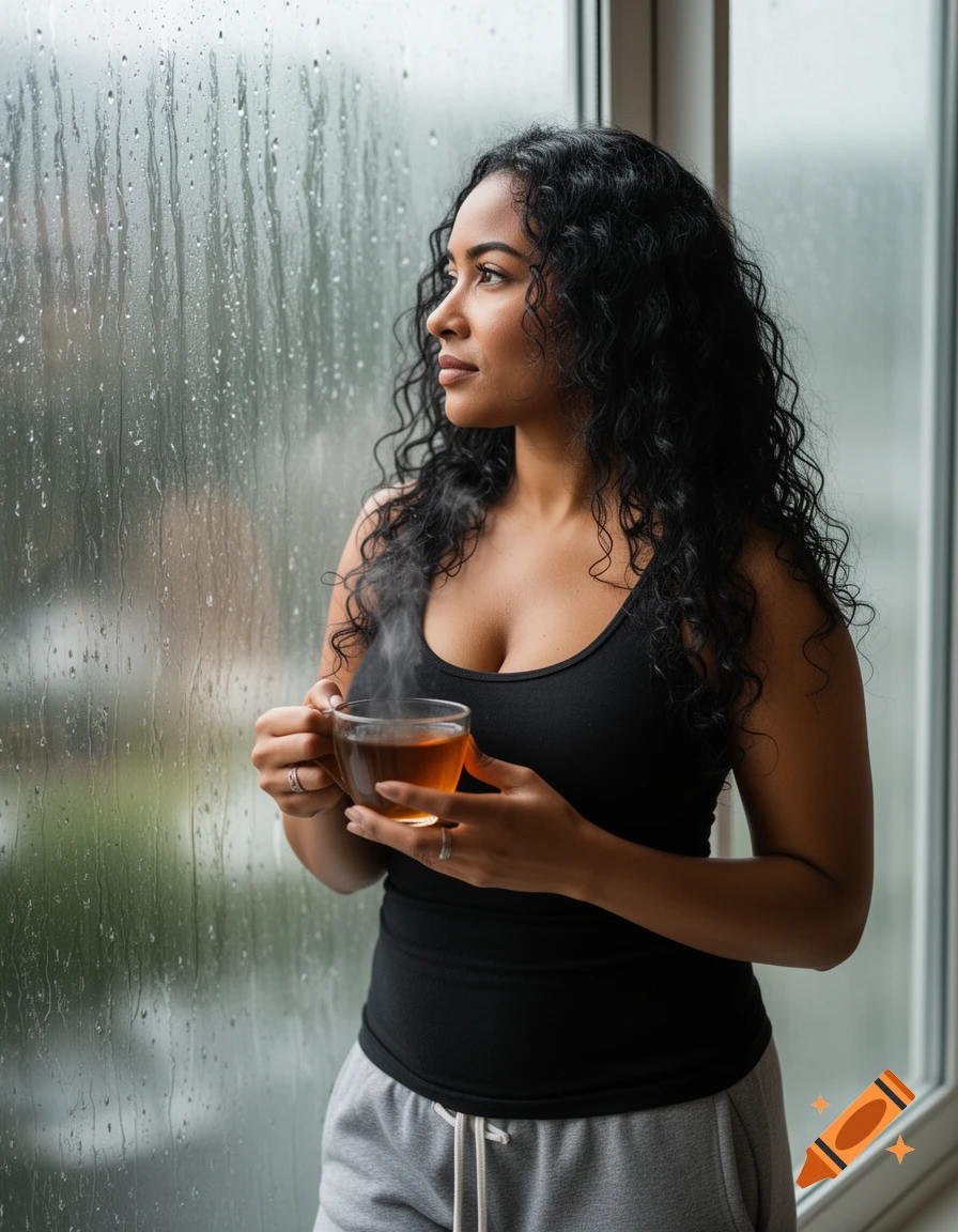 A mixed-race woman in a black tank top and grey sweatpants holds steaming tea, looking out a rainy window. Photorealistic.