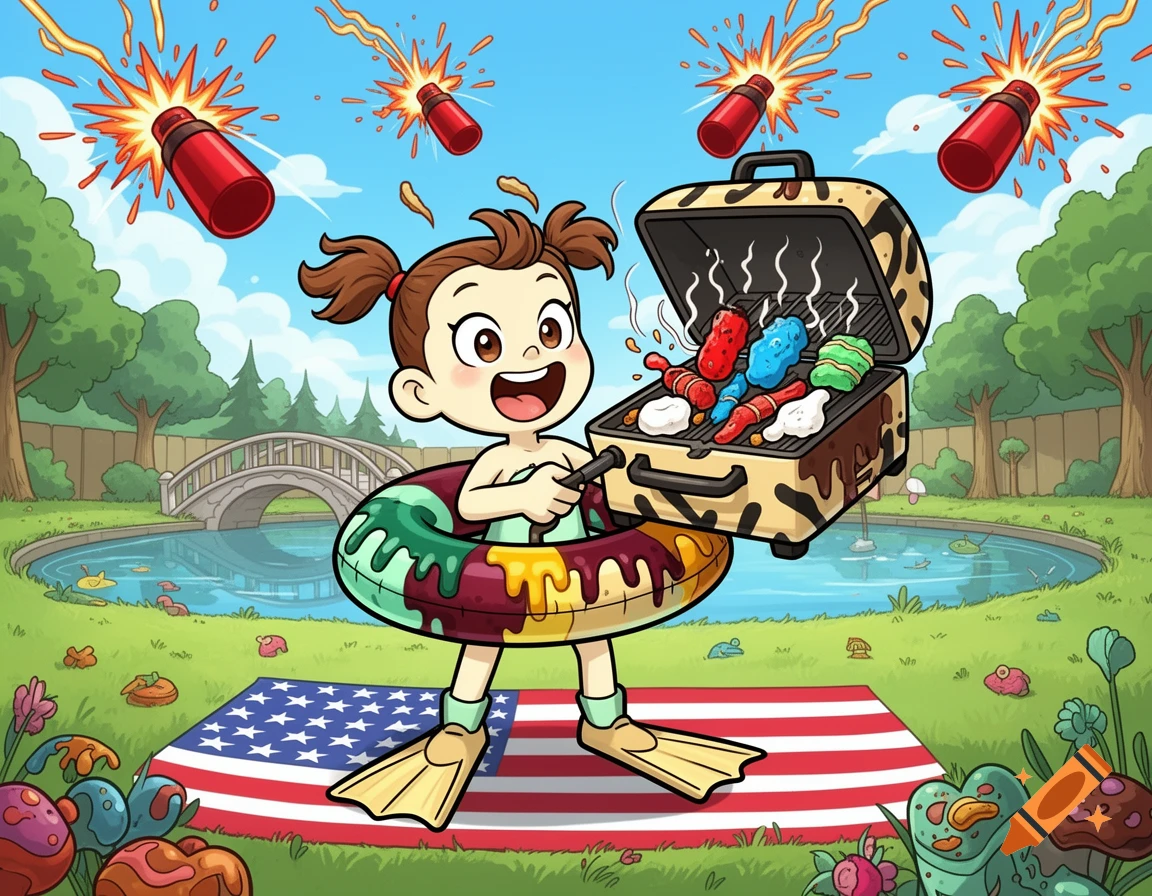 A happy cartoon girl in a float and flippers grills food on an American flag blanket with fireworks.