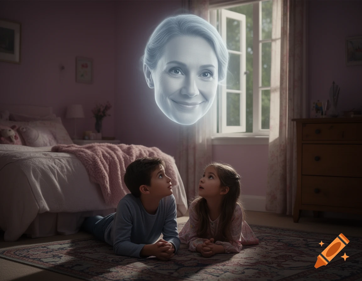 Two young children lie on a rug in a pink bedroom, looking up at a glowing, disembodied head of a smiling woman floating above them.