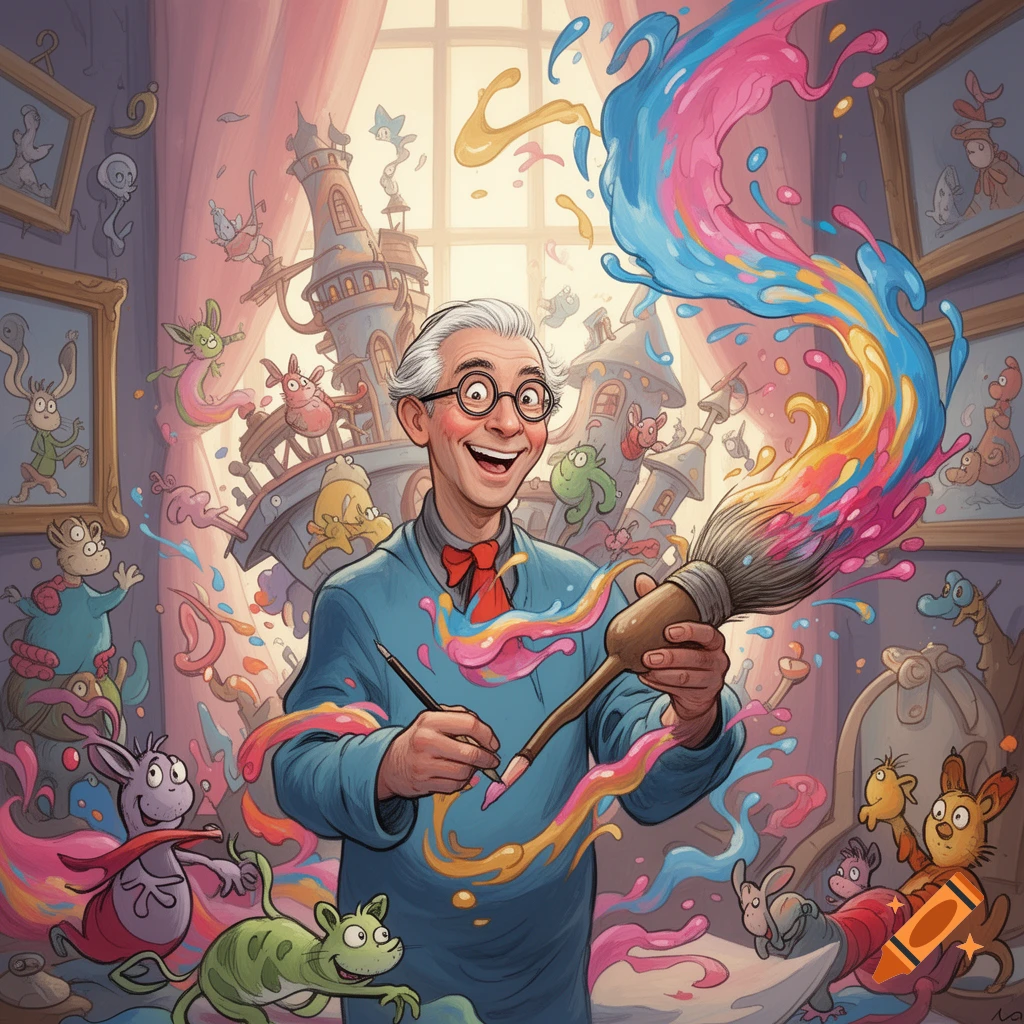 Joyful man in Dr. Seuss style, wearing glasses and a bow tie, painting with a large brush splashing vibrant colors amidst whimsical creatures.