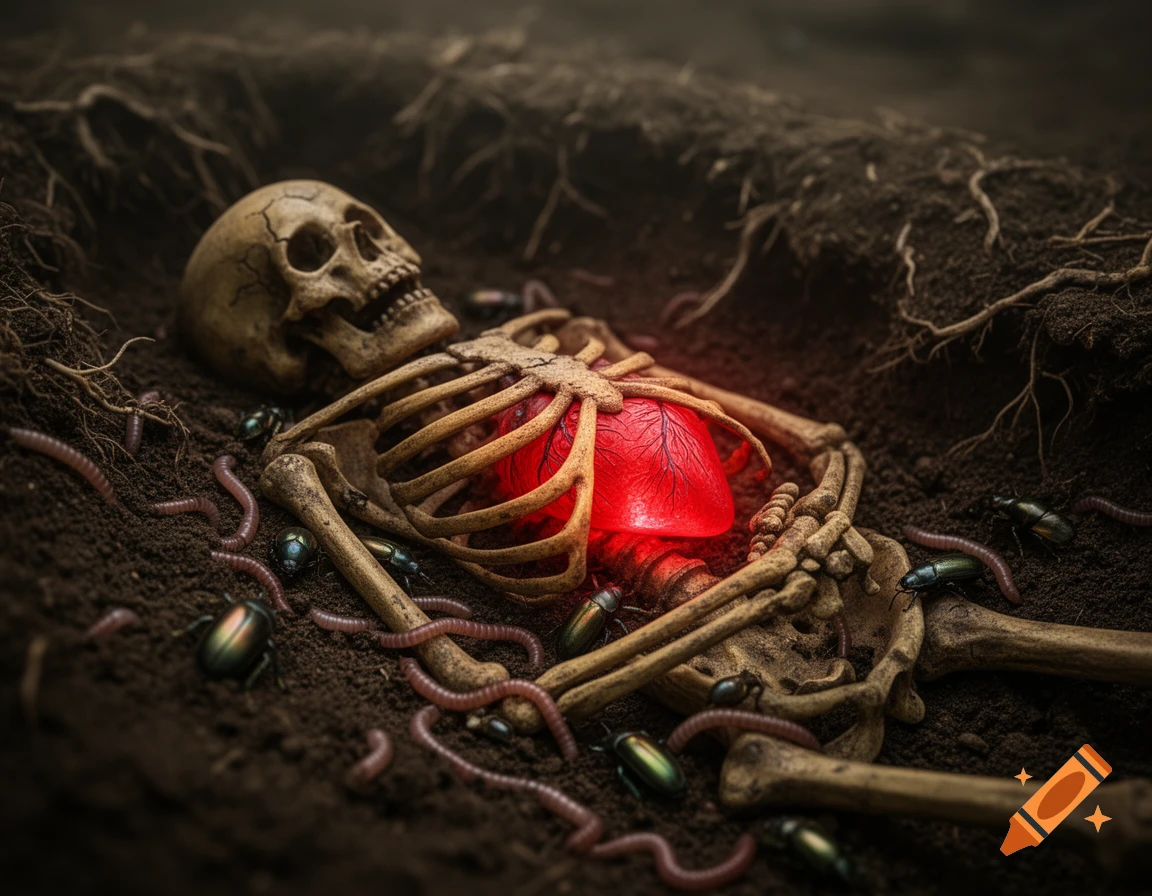 A skeleton with a glowing red heart lies in dark soil surrounded by worms and beetles.