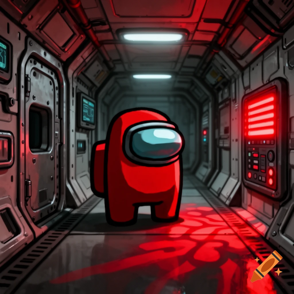 A red Among Us character stands in a dark spaceship corridor with red splatters on the floor.