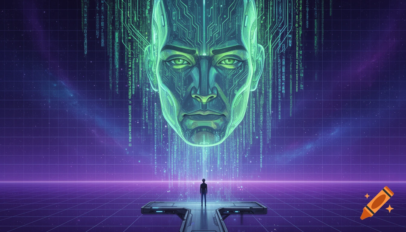 A tiny human figure stands on a platform, gazing up at a colossal, glowing green AI face with circuit patterns, amidst flowing data streams and a cosmic purple grid.