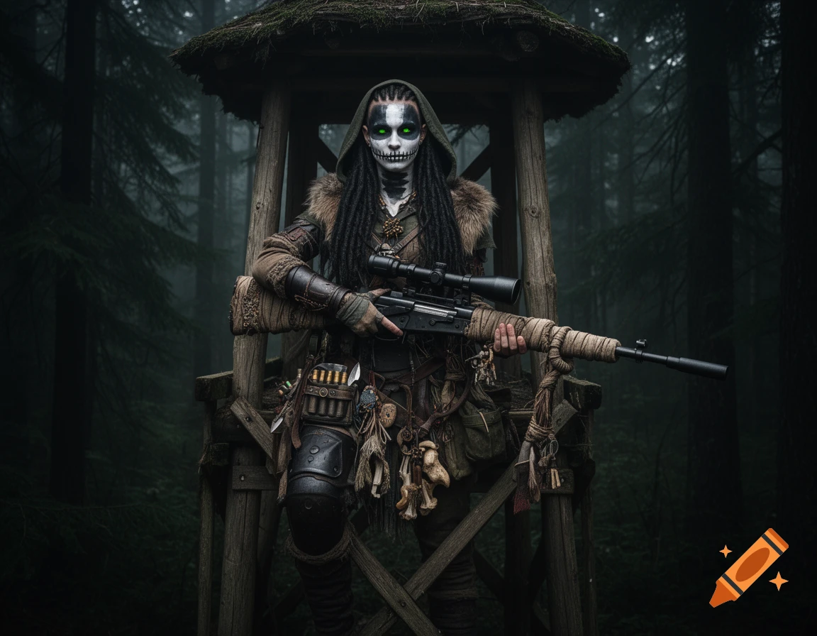 A dark fantasy warrior woman with white and black face paint and glowing green eyes holds a large rifle while sitting in a wooden structure in a misty, dark forest.