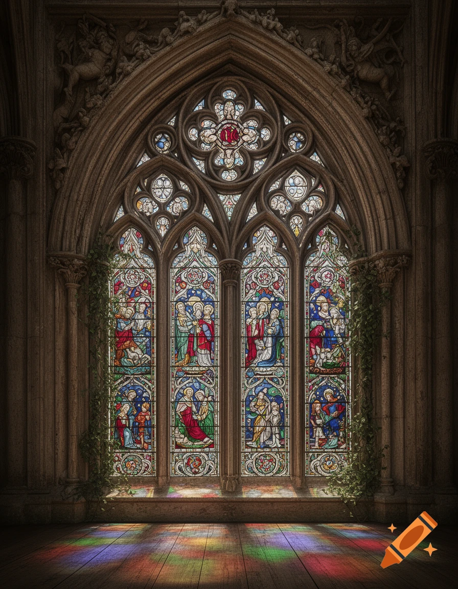 Ornate gothic stained glass window depicting religious scenes, casting colorful light onto a wooden floor.