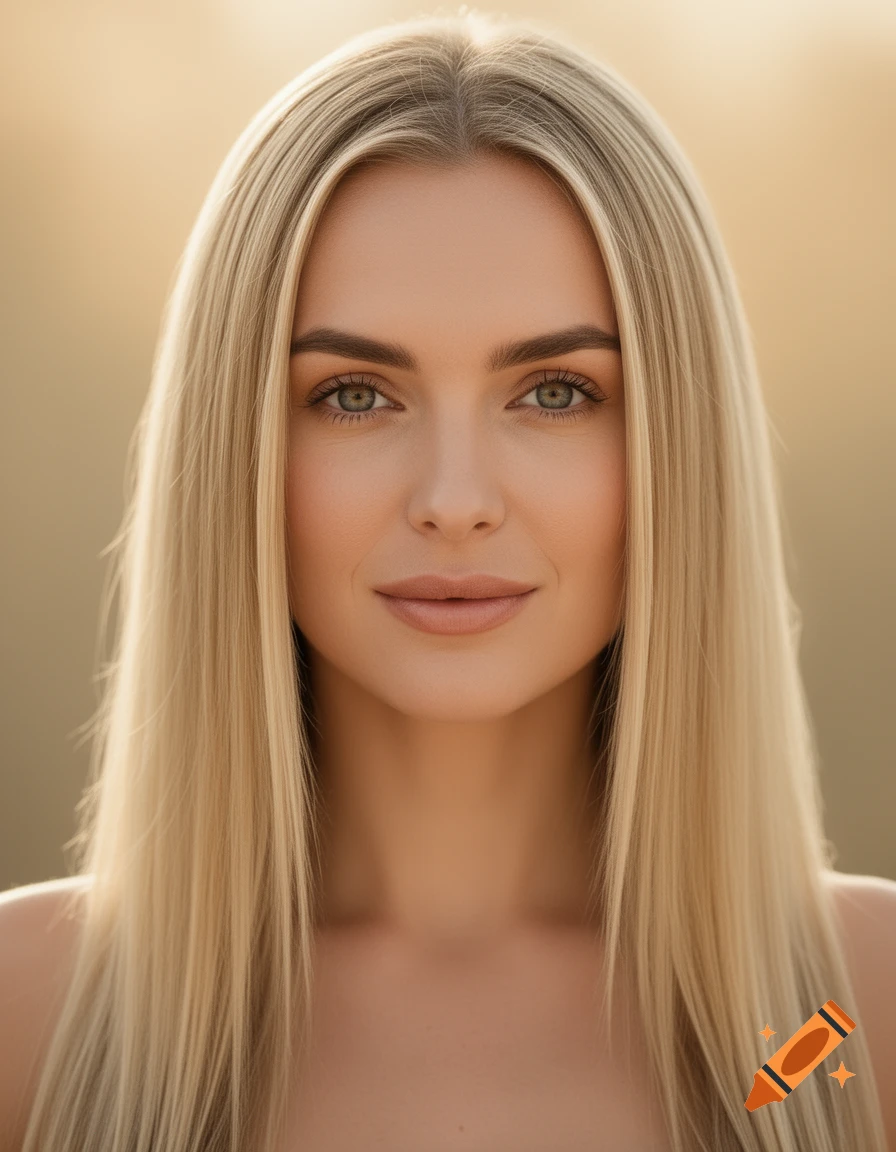 Close-up portrait of a young woman with long blonde hair, light eyes, and a neutral expression, against a warm, soft background.