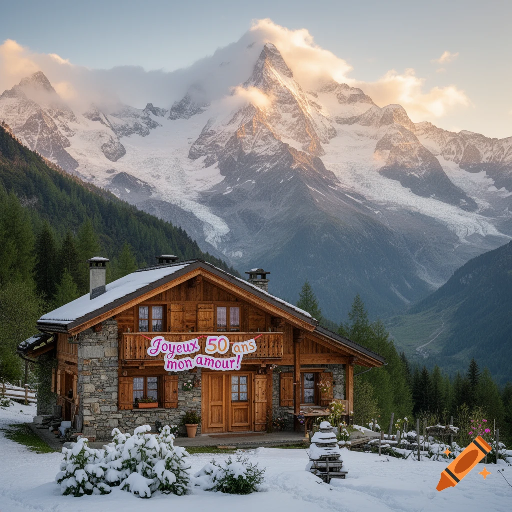A photorealistic image of a cozy wooden chalet in a snowy mountain landscape, with a banner reading "Joyeux 50 ans mon amour!"