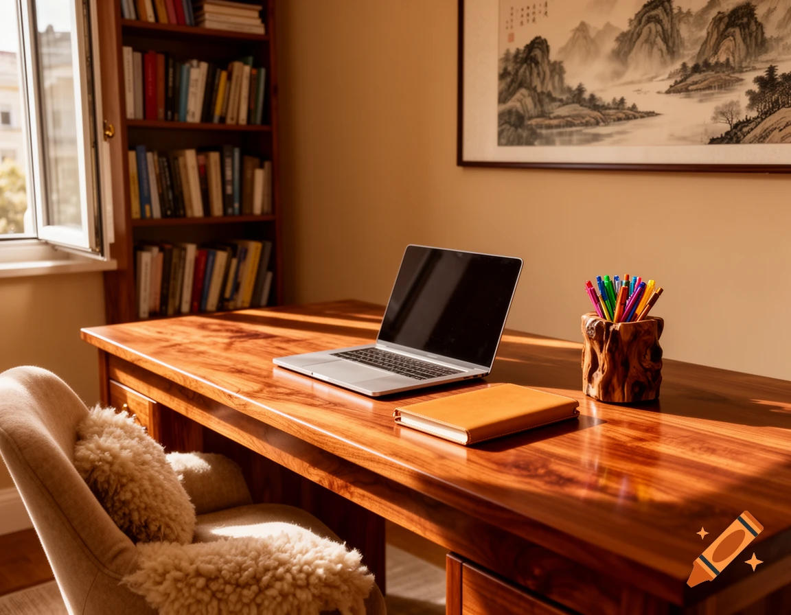 A sunlit wooden desk with a laptop, notebook, and colorful pens in a pen holder. A bookshelf and a framed landscape painting are in the background.