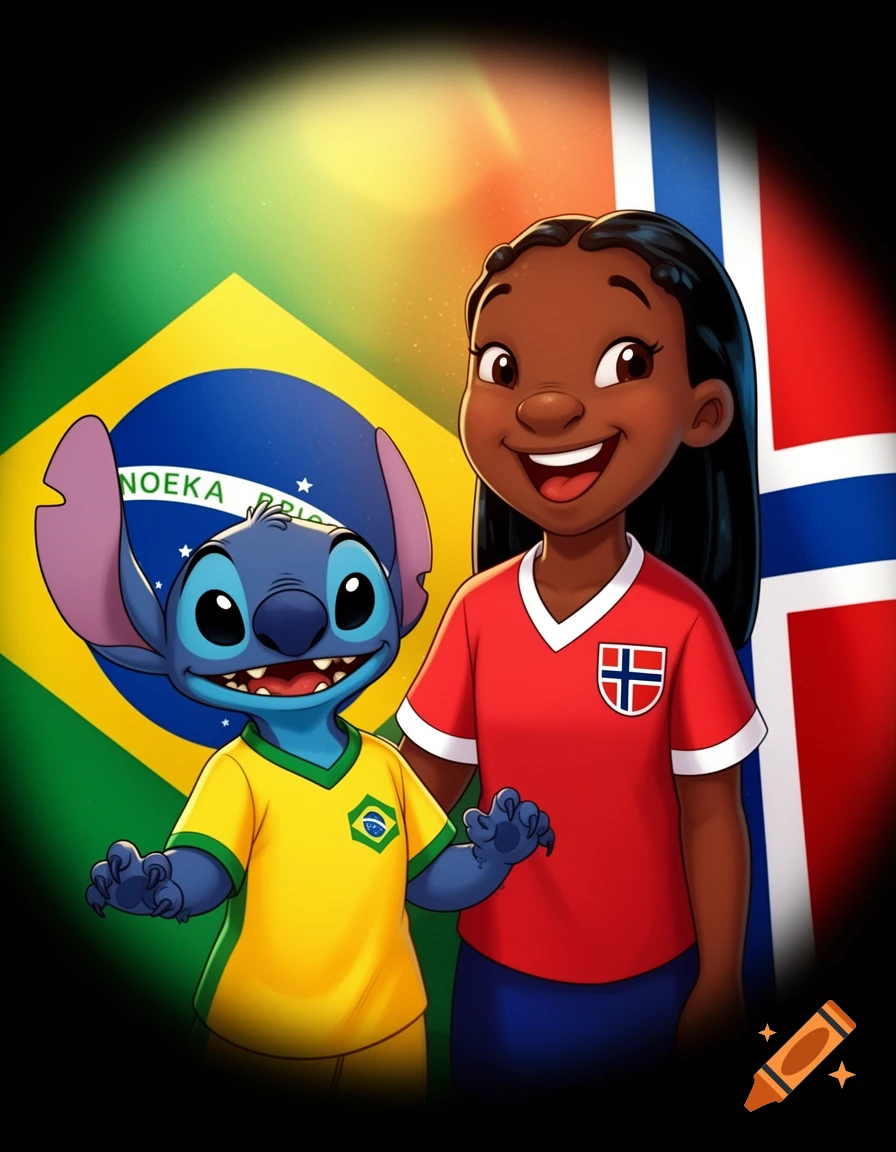Lilo and Stitch cartoon characters in soccer jerseys, Lilo in a red Norway jersey and Stitch in a yellow Brazil jersey, against a background of the Brazilian and Norwegian flags.