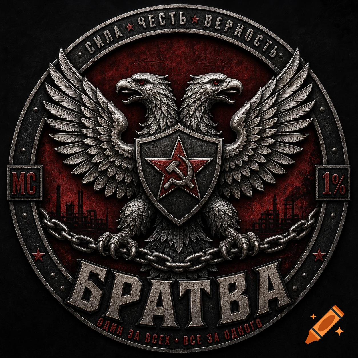 A circular logo featuring a metallic double-headed eagle holding chains, with a shield displaying a red star and hammer & sickle. The text "БРАТВА" is prominent at the bottom, with "СИЛА ЧЕСТЬ ВЕРНОСТЬ" at the top, and "ОДИН ЗА ВСЕХ • ВСЕ ЗА ОДНОГО" below. "MC" and "1%" are on the sides. The background is a textured dark red with a city silhouette.