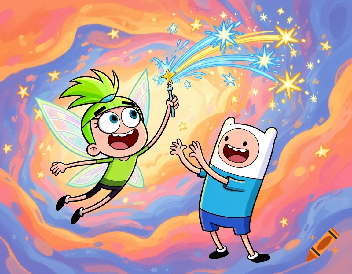 A cartoon fairy with green hair and wings conjures stars with a wand, interacting happily with Finn from Adventure Time in a colorful sky.