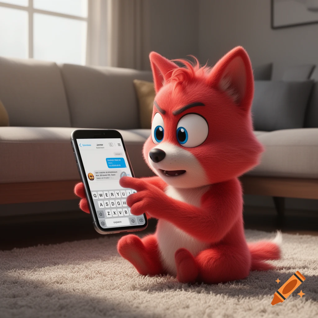 A red cartoon fox-like character sits on a rug, intently texting on a smartphone, with a couch in the background.