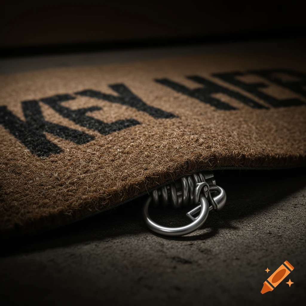 Close-up of a doormat with 'KEY HE' text, revealing a metal grenade pin ring underneath, photorealistic.