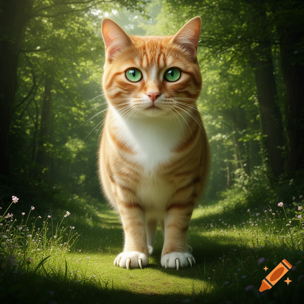 A photorealistic orange tabby cat with bright green eyes stands on a lush forest path.