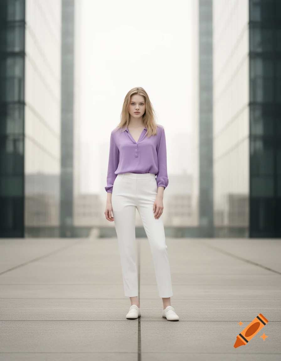 A young blonde woman in a purple blouse and white pants stands centered between modern glass buildings in a photorealistic style.