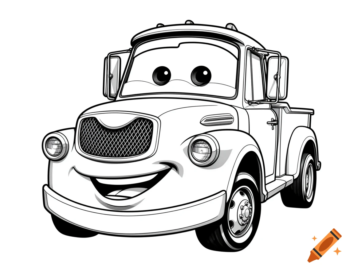 Black and white line art illustration of a smiling cartoon tow truck.
