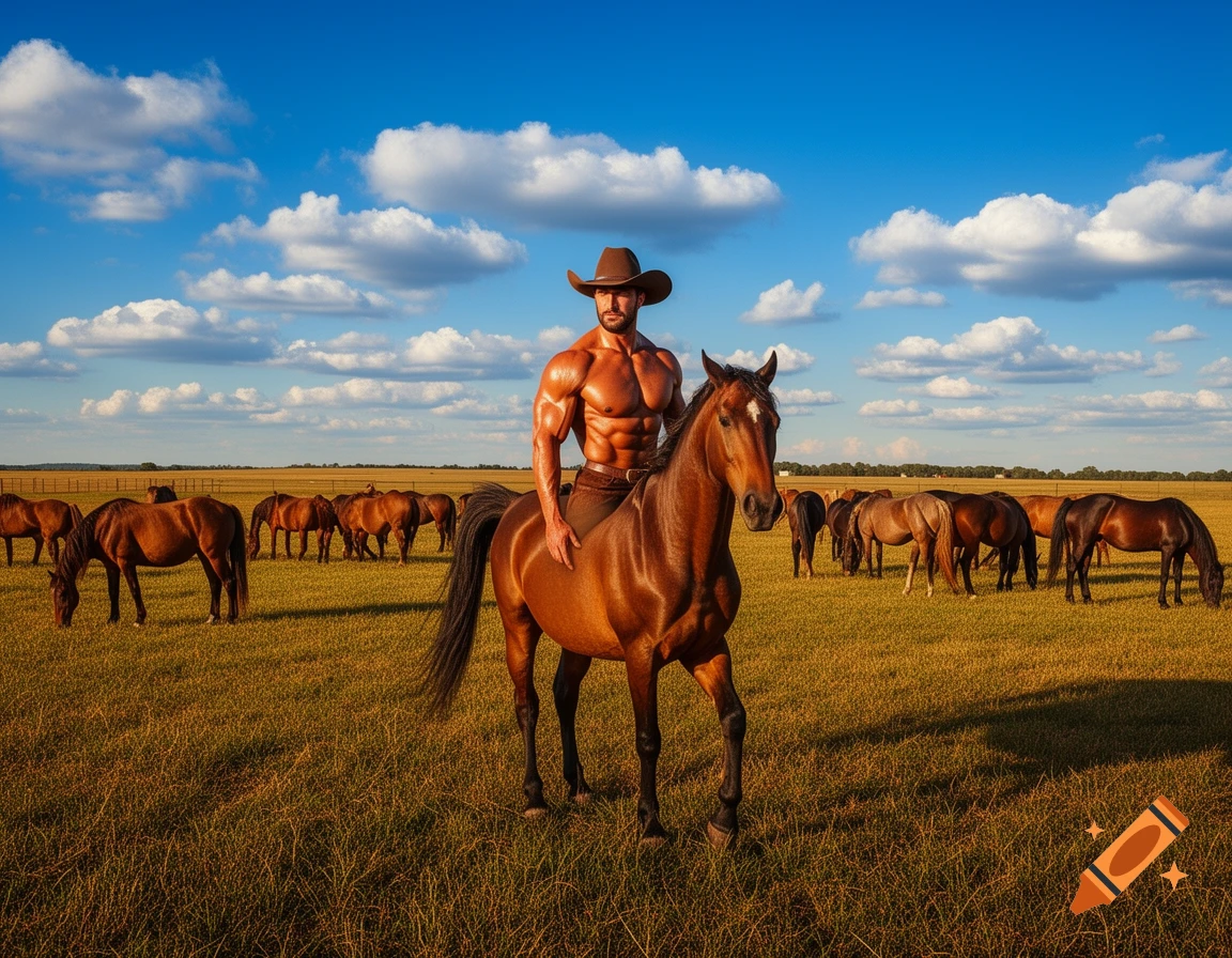Photorealistic muscular man in a cowboy hat rides a horse through a grassy field with a herd of horses under a bright blue sky.