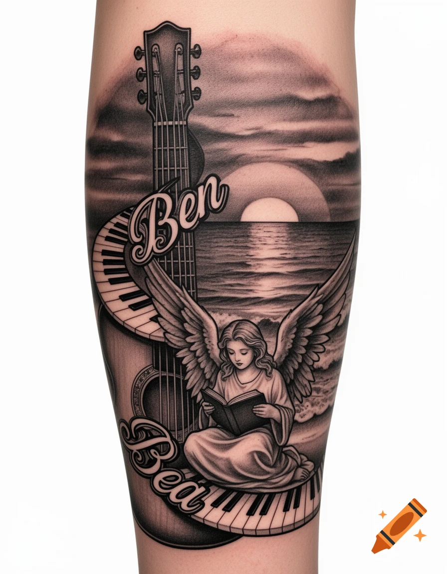 Black-and-grey tattoo design with an angel reading by a sunset ocean, entwined with a guitar, piano keys, and names 'Ben' and 'Bea'.
