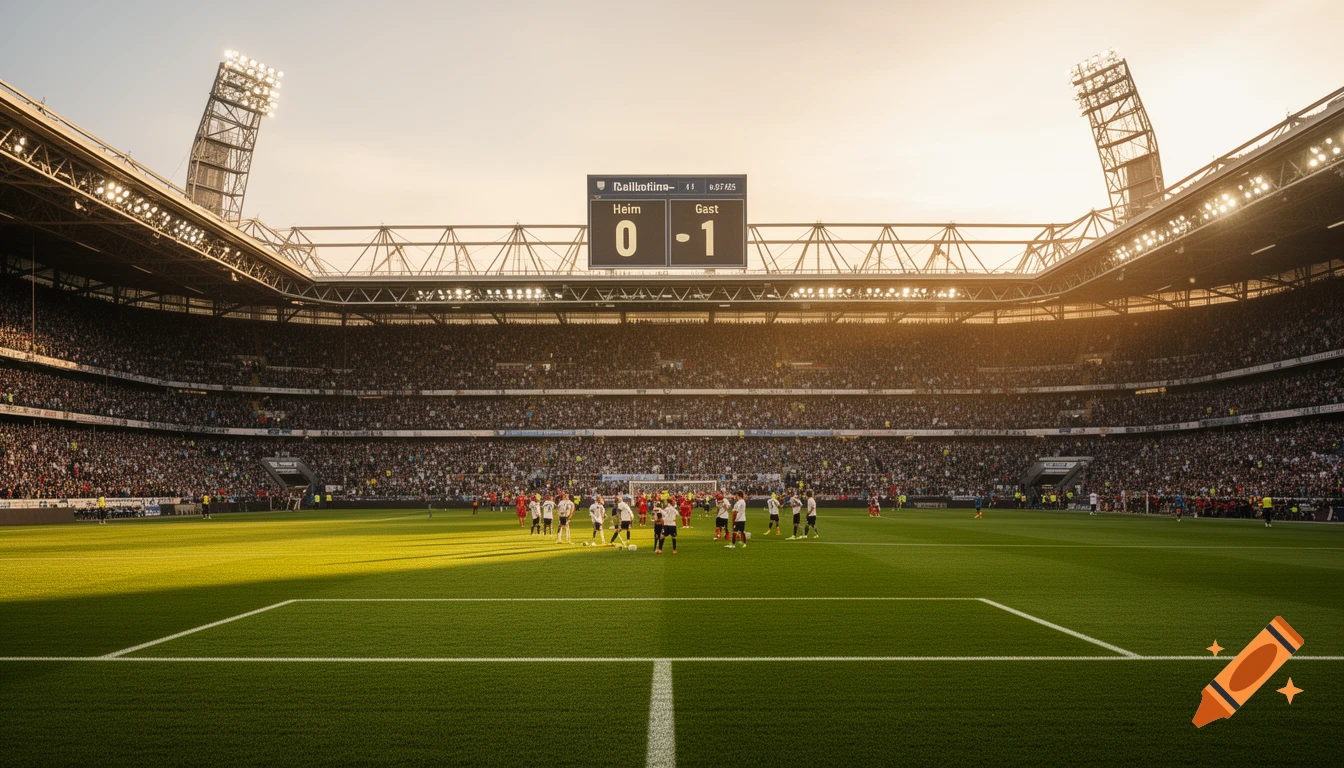 A packed soccer stadium during sunset, with players on the field and a scoreboard showing "Heim 0 - Gast 1" and some garbled text.