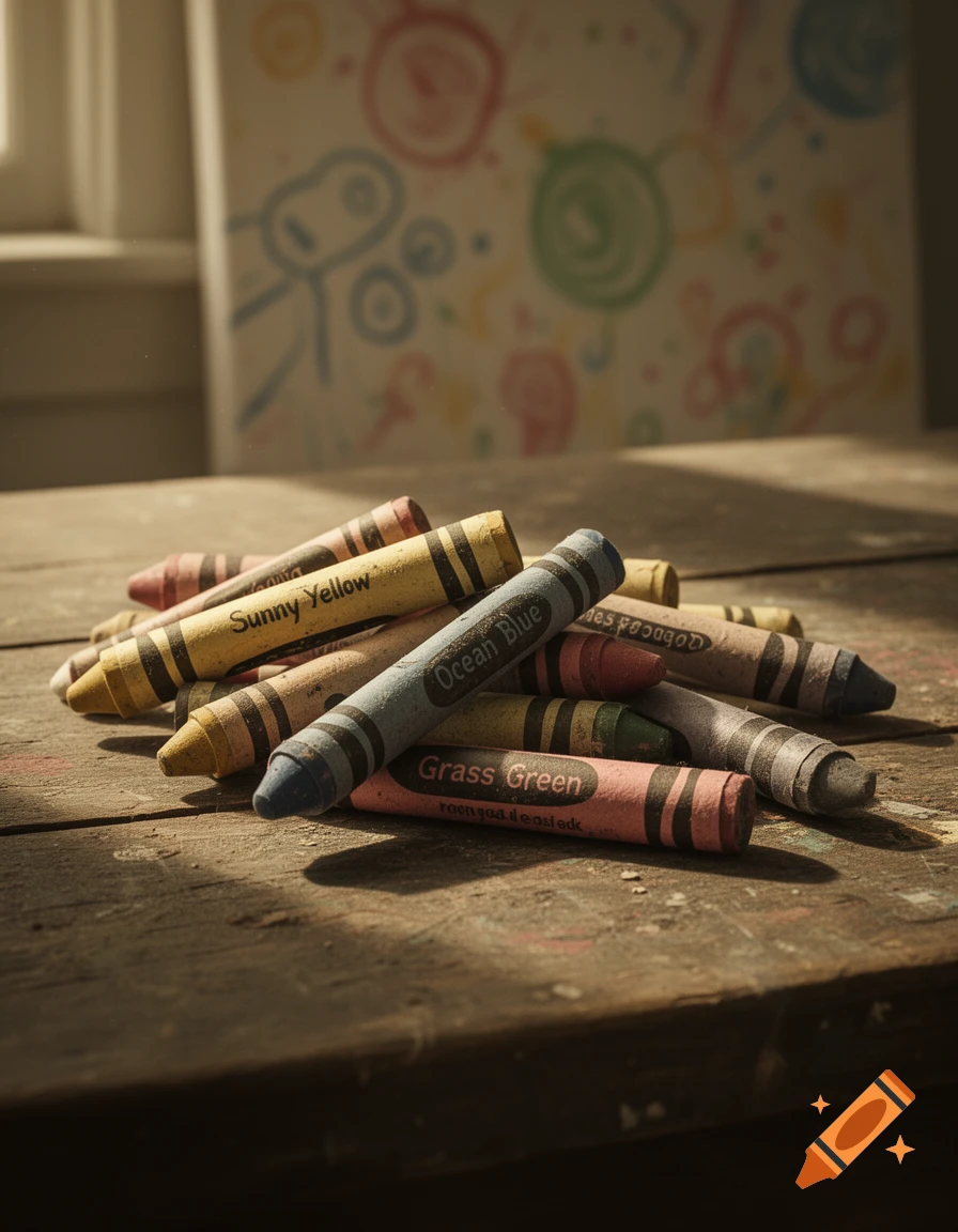 A close-up of a pile of used crayons on a wooden table, with a blurred child's drawing on canvas in the background. Sunlight streams from a window on the left.
