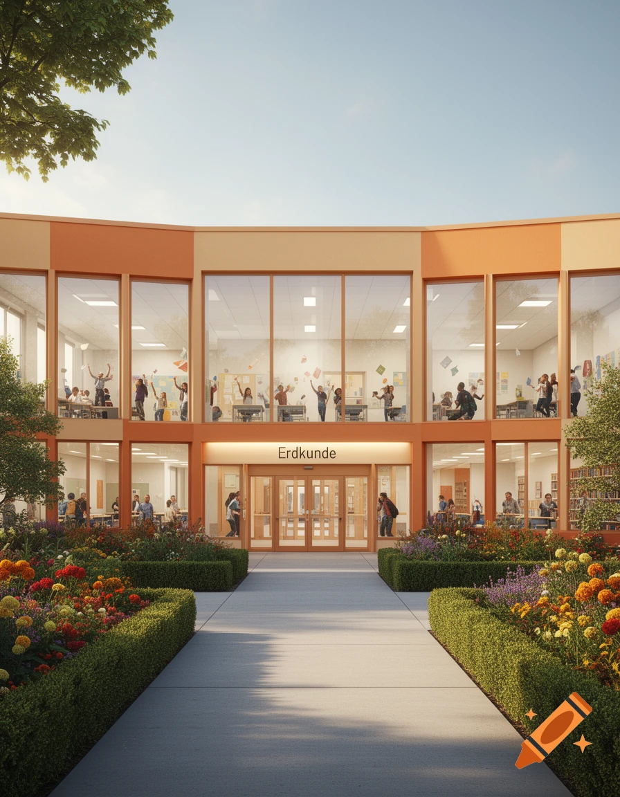 A modern, orange-accented school building with 'Erdkunde' above the entrance, showing classrooms and vibrant flower gardens.