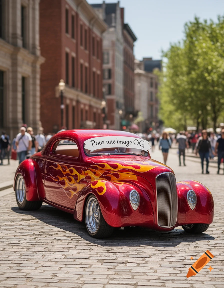 Red hot rod with flame decals and a banner on the windshield, parked on a cobblestone street in a bustling city.