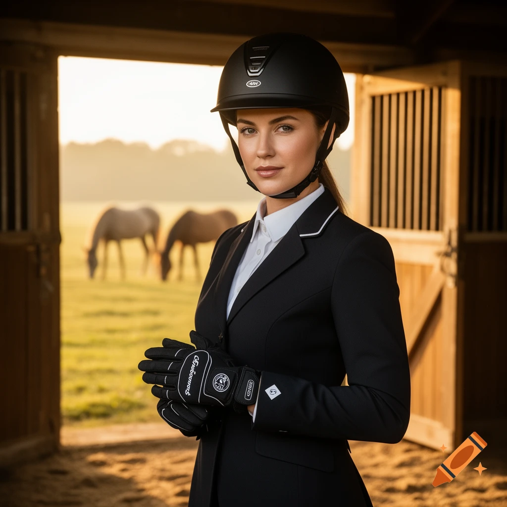 A woman in black equestrian gear and helmet stands in a stable doorway, holding riding gloves, with horses grazing in a field at sunset behind her.