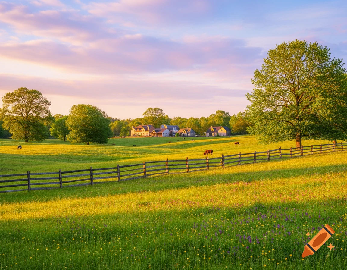 Photorealistic rural landscape at sunset with green fields, a wooden fence, grazing cows, and distant houses under a colorful sky.