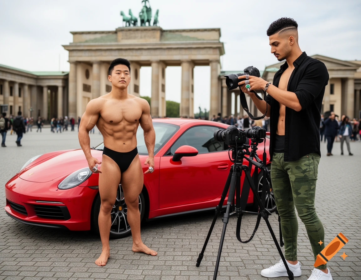 A muscular Korean bodybuilder in a black speedo poses next to a red Porsche, while a photographer in an open black shirt and camo pants adjusts his camera in front of the Brandenburg Gate.
