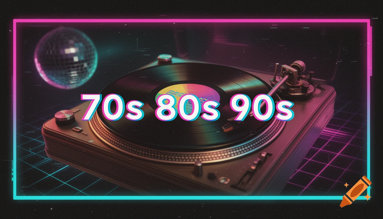 Vintage turntable with a record playing "70s 80s 90s" text, a disco ball, and neon borders, in a retro, grainy style.
