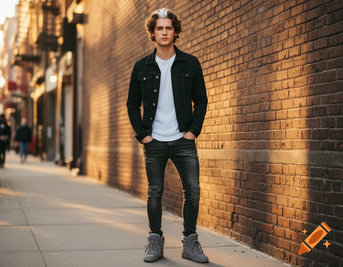 A young man with wavy brown hair and a white streak, wearing a black denim jacket, white t-shirt, dark ripped jeans, and grey sneakers, standing on a city sidewalk next to a brick wall.