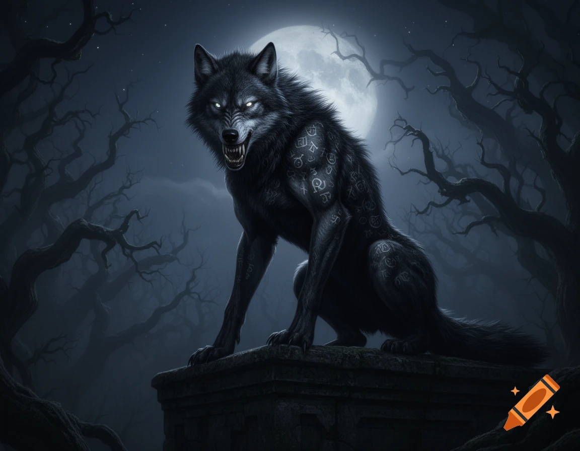 A dark, snarling werewolf with glowing eyes and runic markings on its fur stands on a stone pedestal under a full moon in a foggy, dead forest, in a gothic fantasy style.