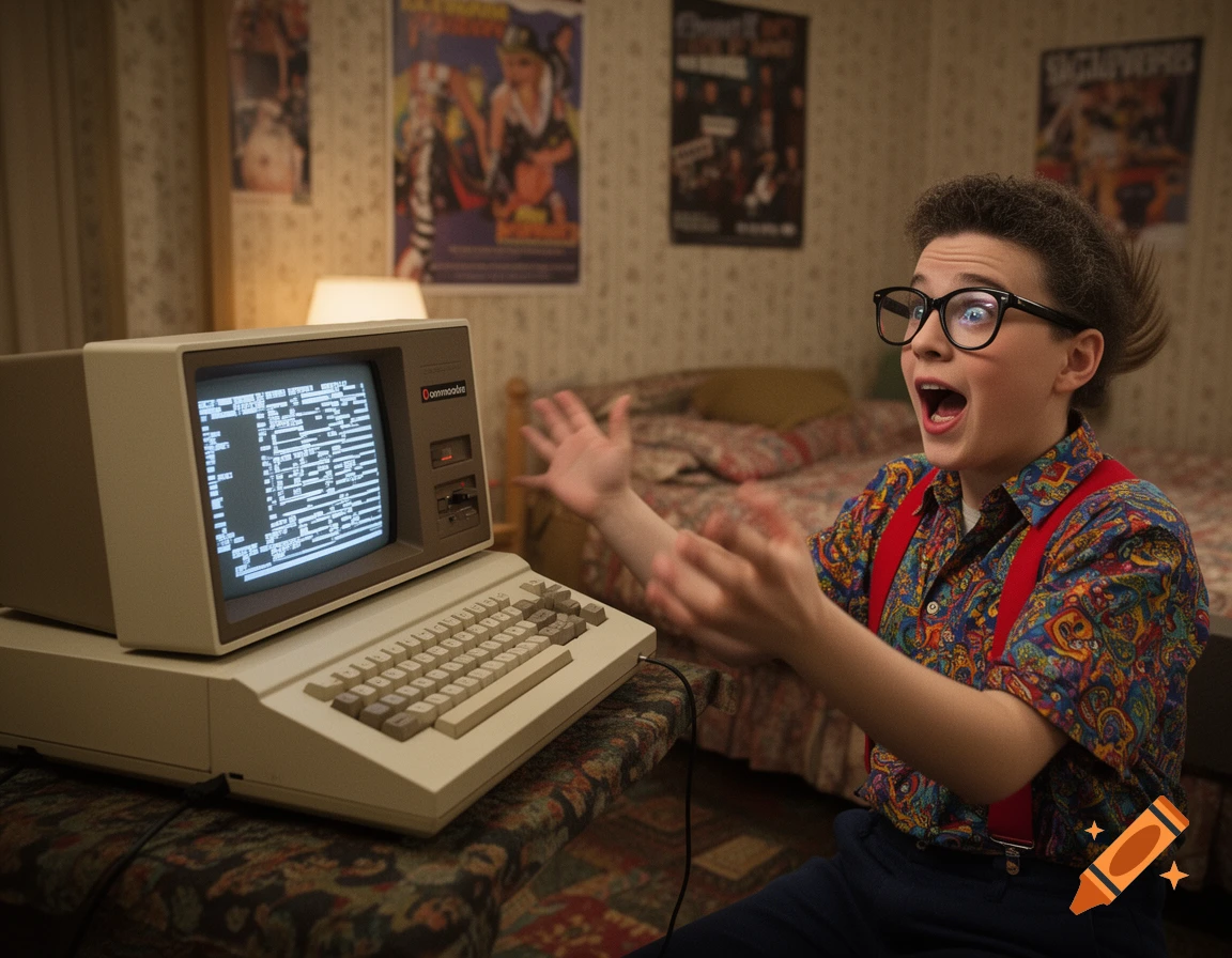 A young person in glasses and a colorful shirt looks excitedly at a vintage Commodore computer displaying garbled text.