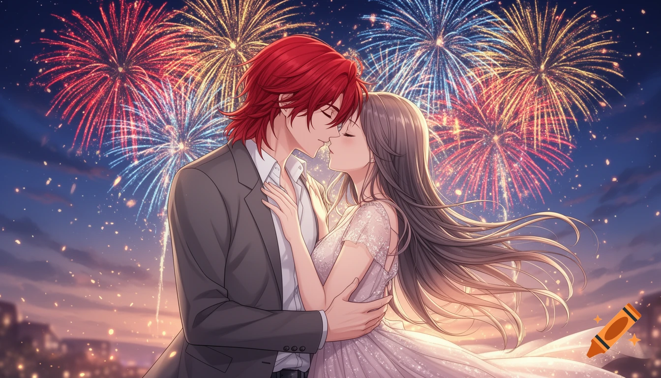 Anime couple kissing passionately under a vibrant night sky illuminated by colorful fireworks.