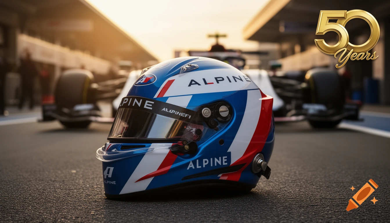 Blue, white, and red Alpine F1 racing helmet on an asphalt track, with a blurred F1 car and '50 Years' text in the background.